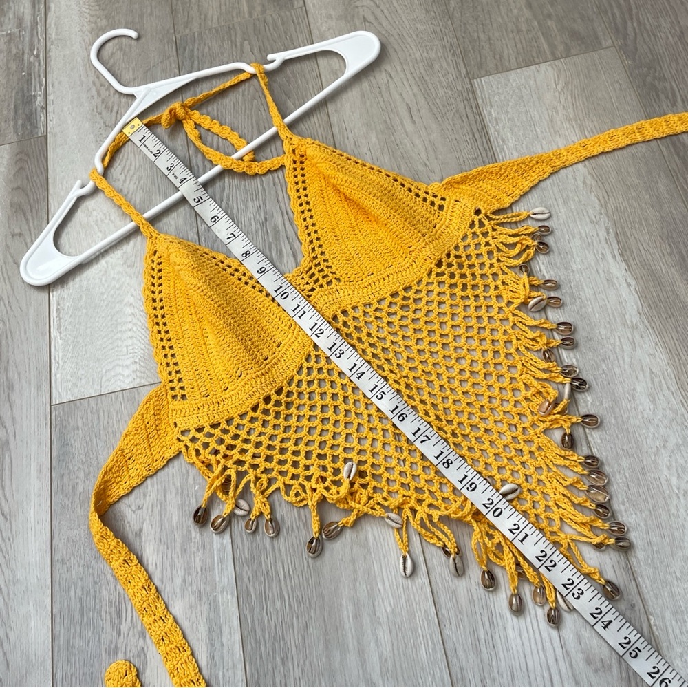 Crochet Halter Tank Top shell fringe crop womens Yellow (small) beach festival - Picture 6 of 6